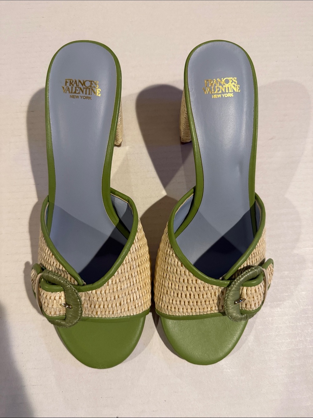 Frances Valentine Green Leather & Natural Raffia Slide Mules